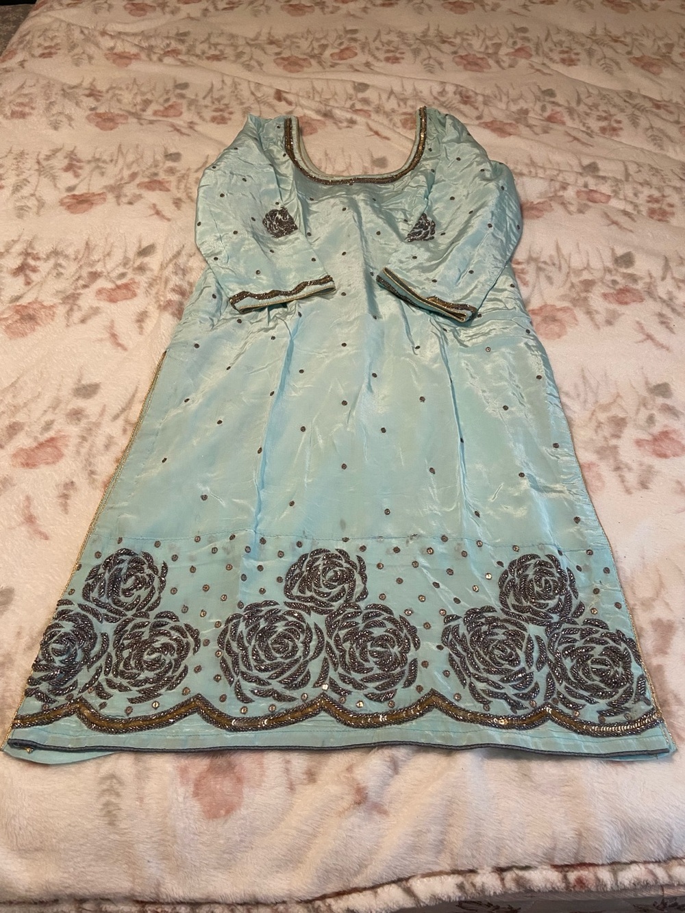 Indian Aqua Blue Silky Embroidered Beaded Kameez Rose Design Trim Sequin Size XS